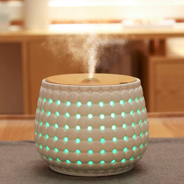 Authentic Ceramic & Woode Aromatherapy Oil Diffuser for Large Room, Home Decor, Cool Mist & Home Fragrances With 7 LED Color Lights (White)
