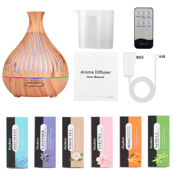 Essential Oil Diffuser 500ML with 6*10Ml Essential Oil, Ultrasonic Diffuser with Remote Control & Timer, Humidifier,Auto-Off Diffuser with 7 Colors Lights for Bedroom, Home Office Room, Brown