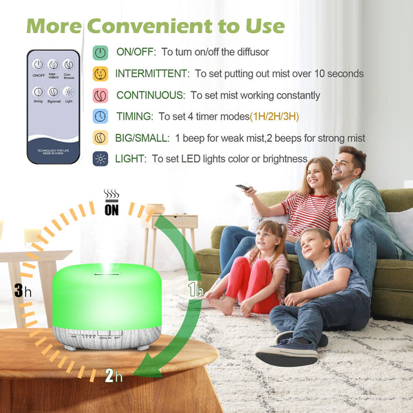 Ultrasonic Essential Oil Diffuser with 6 Essential Oils Included, White Wood Base Style Aromatherapy Diffuser with Remote Control