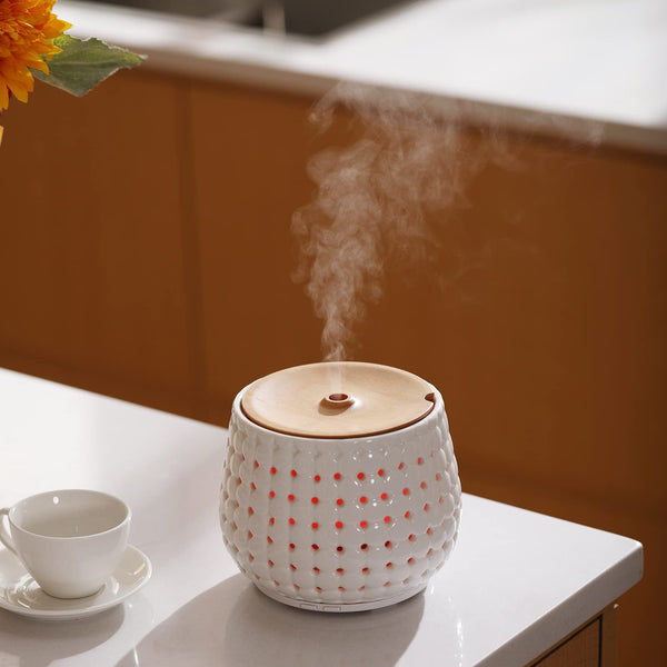 Authentic Ceramic & Woode Aromatherapy Oil Diffuser for Large Room, Home Decor, Cool Mist & Home Fragrances With 7 LED Color Lights (White)