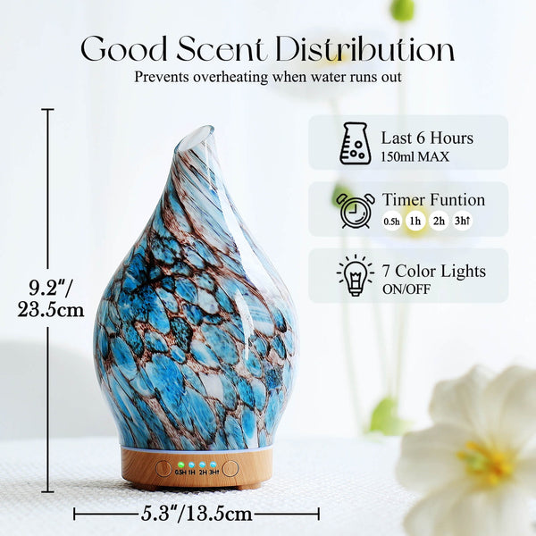 HAND-BLOWN Glass Essential Oil Aromatherapy Ultrasonic Diffuser - Light Blue for Sleeping,Yoga,Office & Home Fragrances