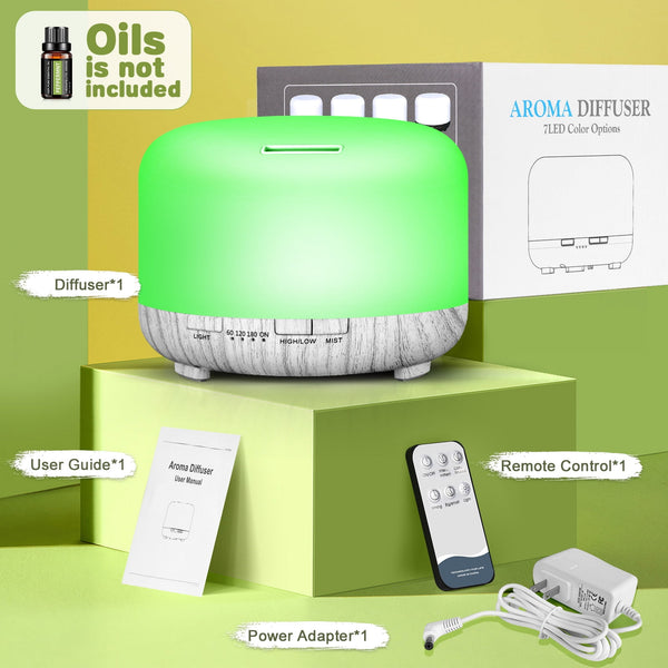 Ultrasonic Essential Oil Diffuser with 6 Essential Oils Included, White Wood Base Style Aromatherapy Diffuser with Remote Control