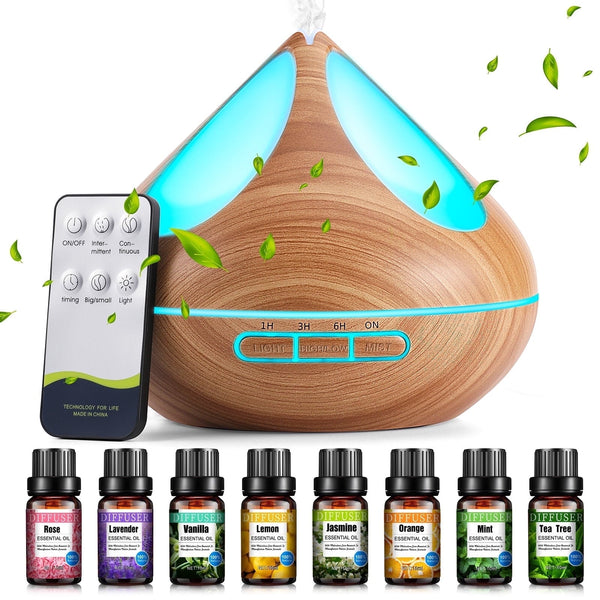 500Ml Essential Oil Diffuser with 8*10Ml Essential Oils Set, Woodgrain Aromatherapy Diffusers with Remote Control, Fragrance Oil Air Humidifier Vaporizer for Large Room Bedroom Office