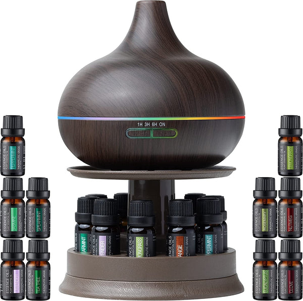 Aromatherapy Set - Ultrasonic Diffuser With 100% Essential Oils (10-Pack) And Diffuser stand With Essential Oil Organizer ALL-IN-ONE