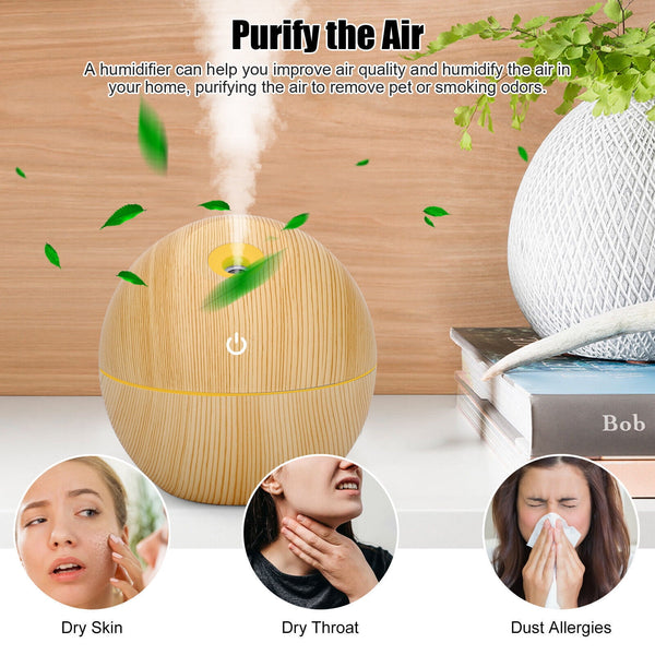 Aroma Diffuser Wood Grain Essential Oil Humidifier Mist Maker Aromatherapy LED, Dark Brown
