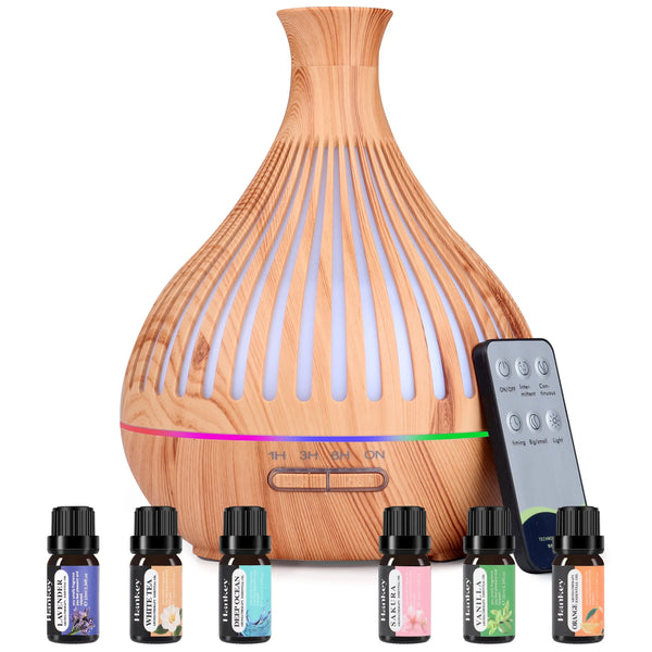 Essential Oil Diffuser 500ML with 6*10Ml Essential Oil, Ultrasonic Diffuser with Remote Control & Timer, Humidifier,Auto-Off Diffuser with 7 Colors Lights for Bedroom, Home Office Room, Brown